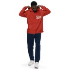 Red EXP54LWZ windbreaker model front with single chest Slop script, actual Printful proof