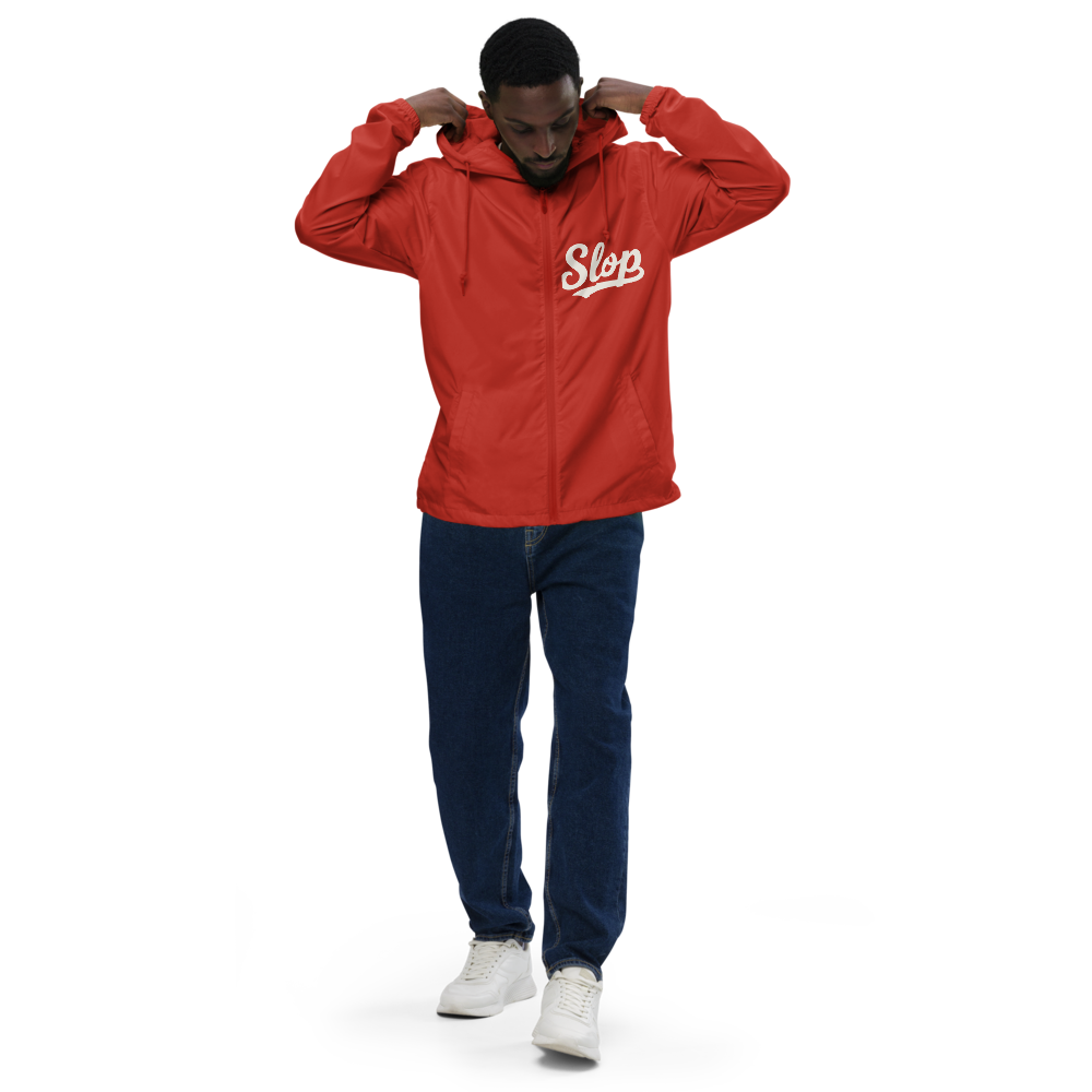 Red EXP54LWZ windbreaker model front with single chest Slop script, actual Printful proof