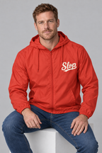 Digital mockup: 098 red CW M23 seated v1; actual EXP54LWZ windbreaker, cream Slop on wearer-left chest only.