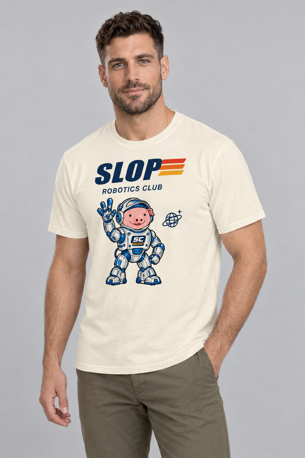 Man wearing the Robotics Club Tee in Ivory, standing