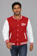 Man wearing the Ivory Script Varsity Jacket in Fire Red/Arctic White