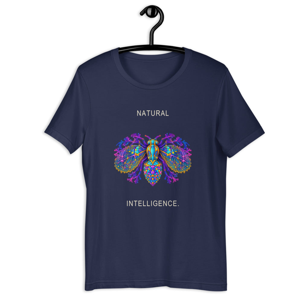 Natural Intelligence Tee — Navy Bella + Canvas 3001 — garment on hanger