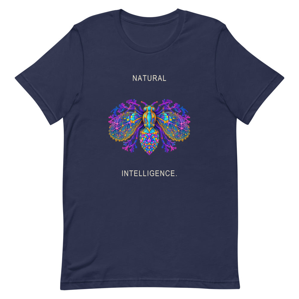Natural Intelligence Tee — Navy Bella + Canvas 3001 — garment flat