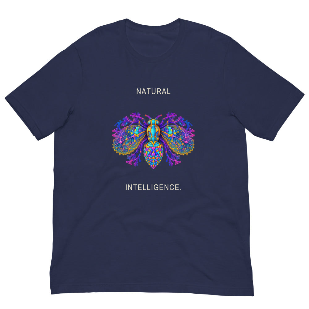 Natural Intelligence Tee — Navy Bella + Canvas 3001 — garment flat 2