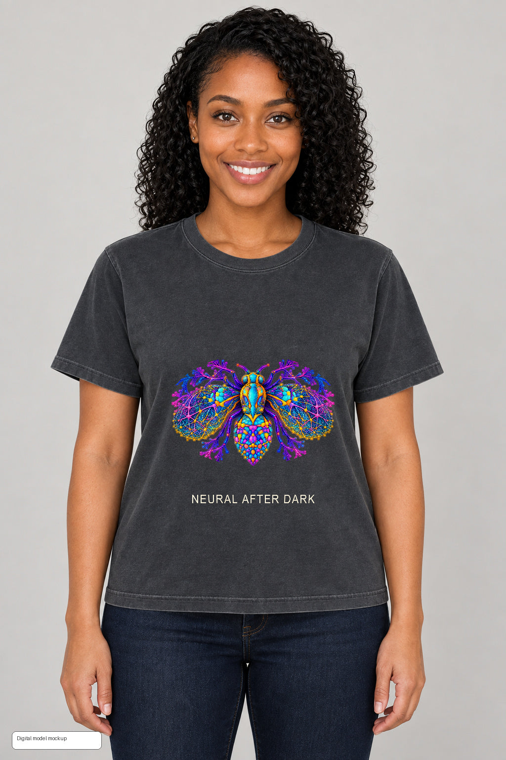 Neural After Dark Tee — Washed Black Bella + Canvas 6110GD — front view; digital model mockup using the original print file