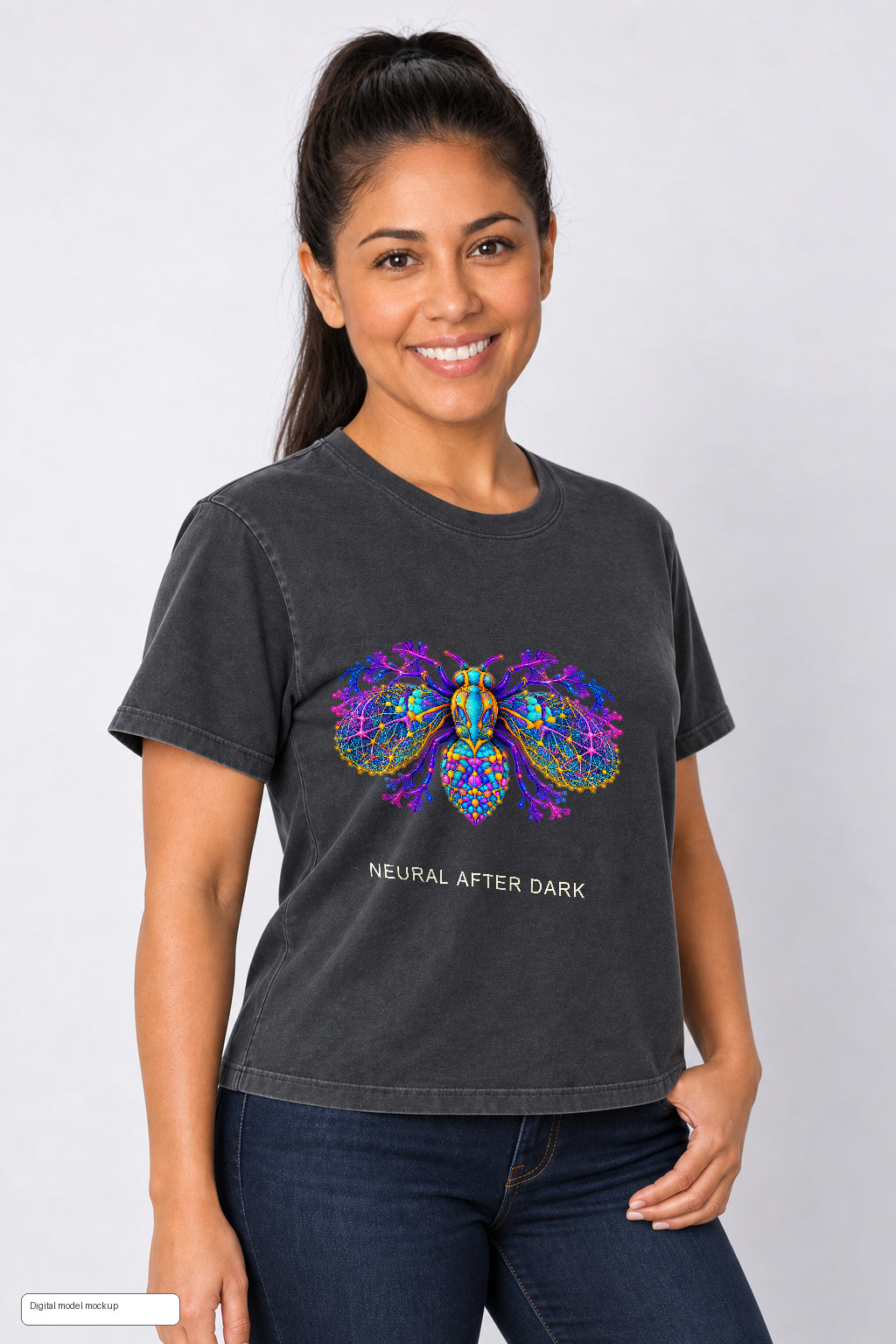 Neural After Dark Tee — Washed Black Bella + Canvas 6110GD — left-quarter view; digital model mockup using the original print file