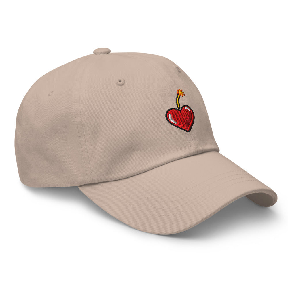 Heart Fuse — Stone — three-quarter cap view with plain sides; Yupoong 6245CM Stone; supplier digital mockup.