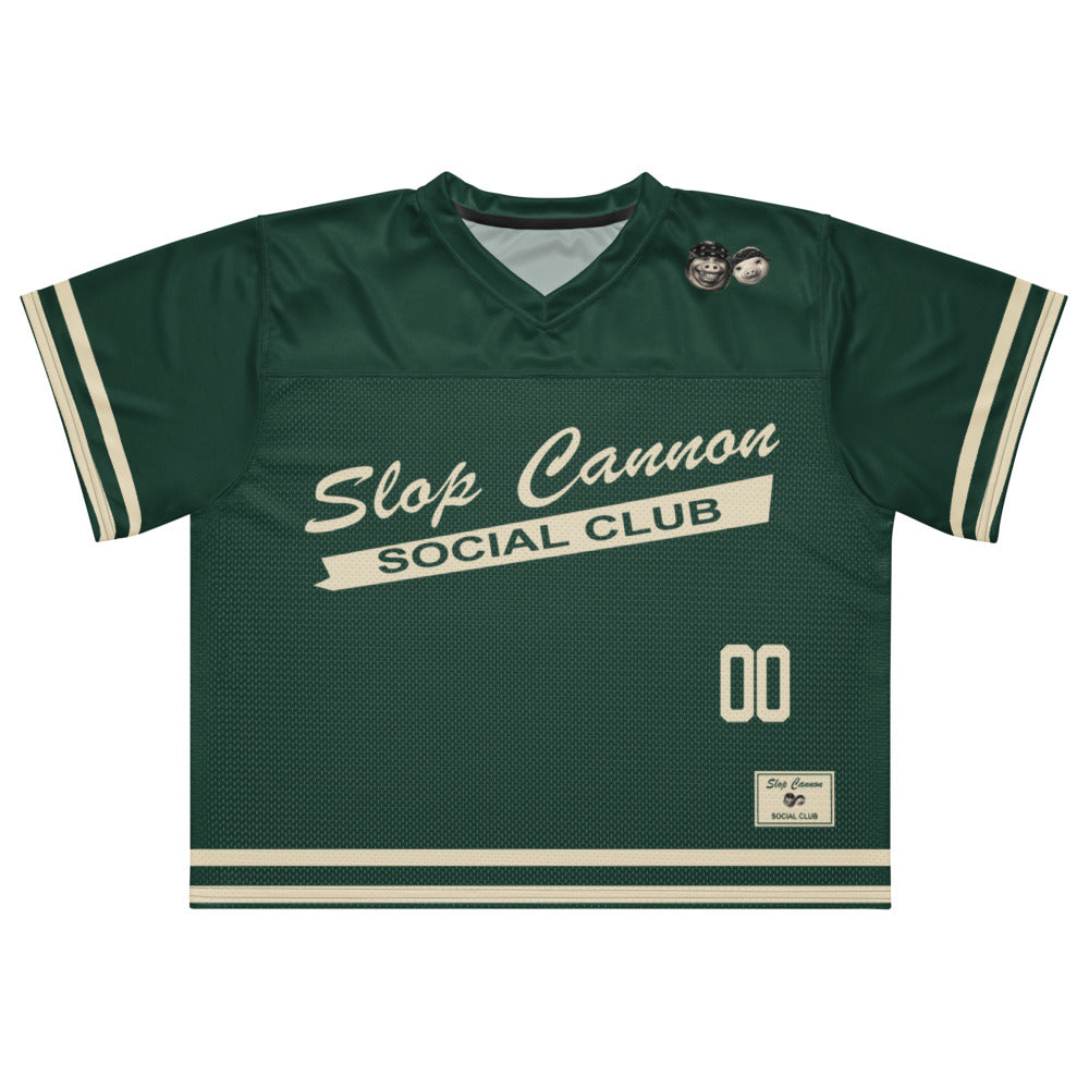 Slop Cannon Social Club — Forest / Cream — full front with approved artwork; Printful boxy V-neck football jersey White base, printed Forest / Cream; Black stitching; supplier digital mockup.