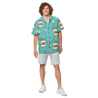 Propane Paradise Button-Up — Turquoise / Cream / Orange — CW-M13 male model wearing the exact configured button-up, front view. Digital mockup; shirt only.