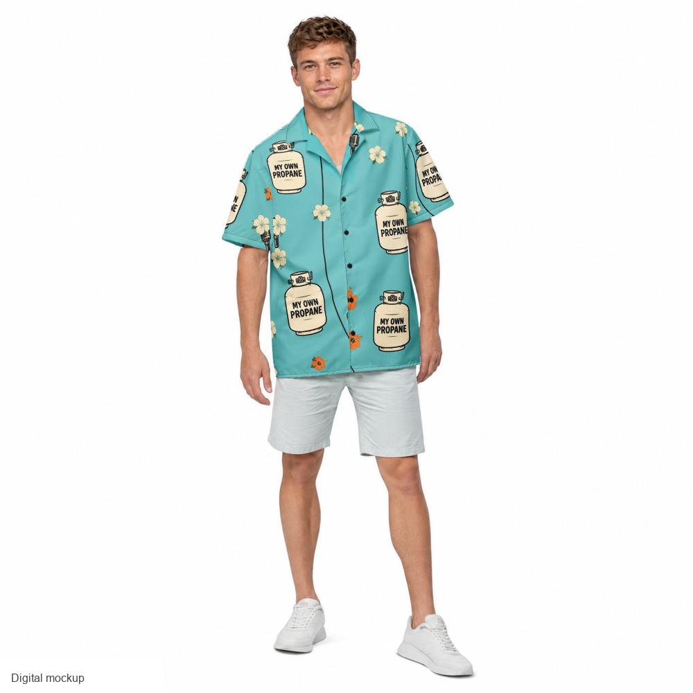 Propane Paradise Button-Up — Turquoise / Cream / Orange — CW-M13 male model wearing the exact configured button-up, front view. Digital mockup; shirt only.