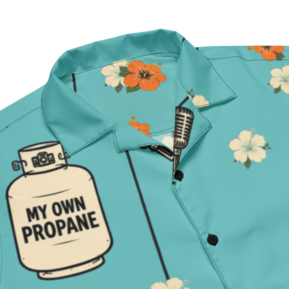 Propane Paradise Beach Button-Up — Turquoise / Cream / Orange — propane lettering and collar print detail; Printful all-over-print unisex button-up shirt White base / all-over print; supplier digital mockup.