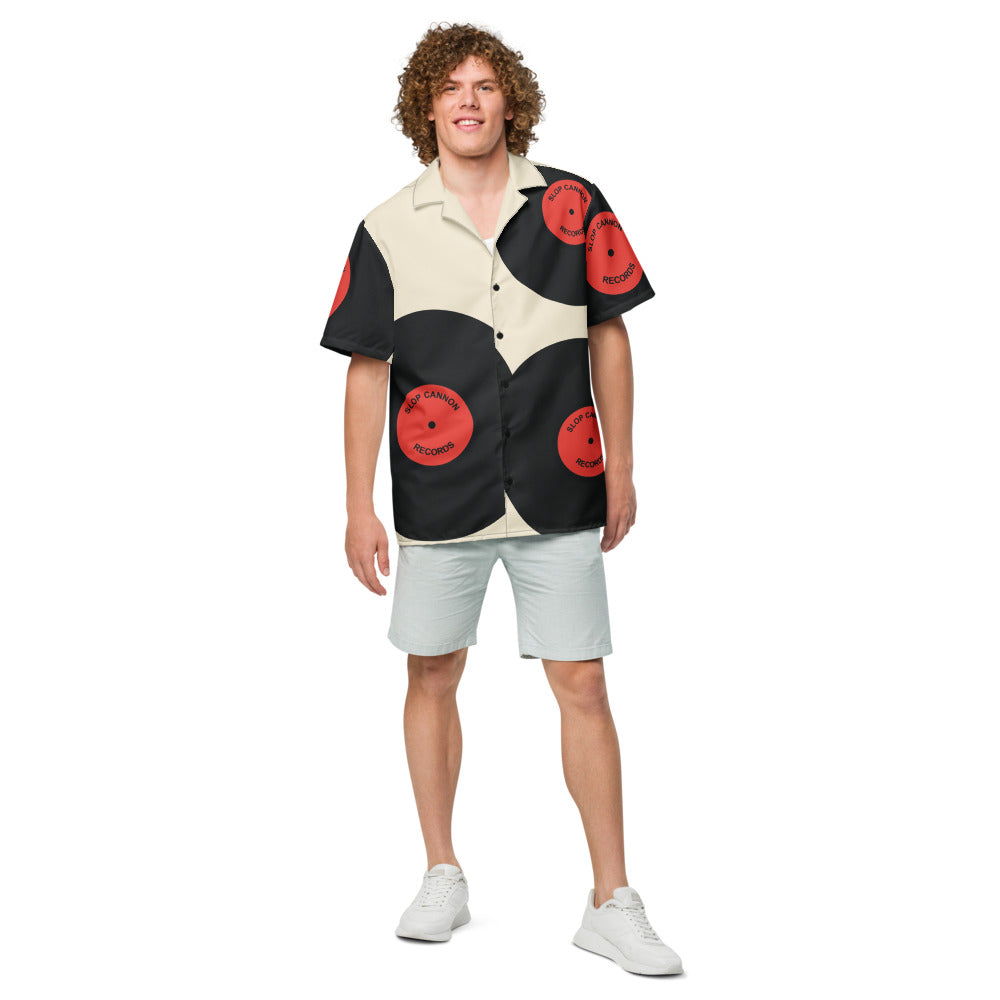 Records Beach Button-Up — Cream / Black / Red — CW-M14 male model wearing the exact configured button-up, front view. Digital mockup; shirt only.