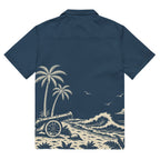 Cannon Coast Beach Button-Up — Navy / Cream — full back with approved lower coastal scene and plain yoke; plain sleeves; Printful all-over-print unisex button-up shirt Navy and cream all-over print; supplier digital mockup.