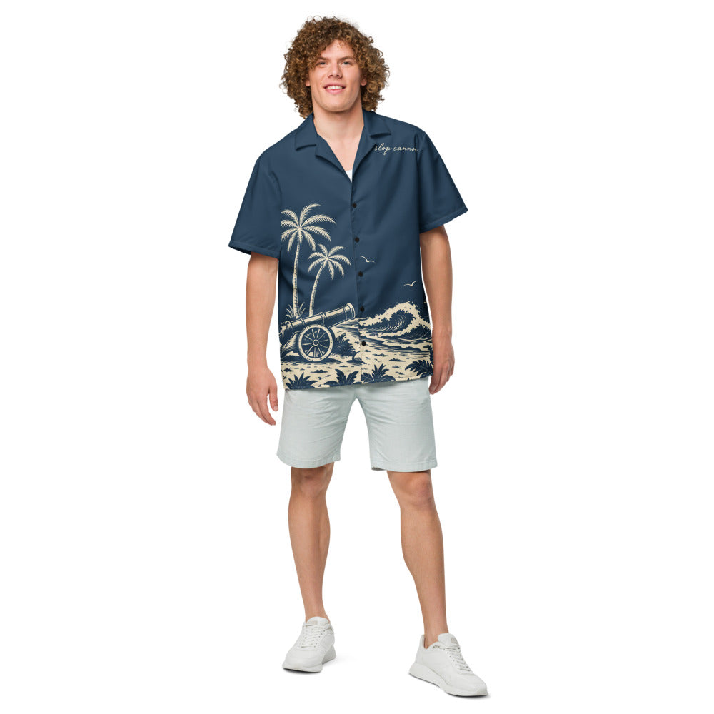 Cannon Coast Button-Up — Navy / Cream — CW-M15 male model wearing the exact configured button-up, front view. Digital mockup; shirt only.