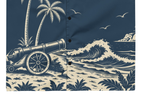 Cannon Coast Beach Button-Up — Navy / Cream — cannon wheel and wave print detail cropped from supplier digital mockup; Printful all-over-print unisex button-up shirt Navy and cream all-over print; supplier digital mockup.