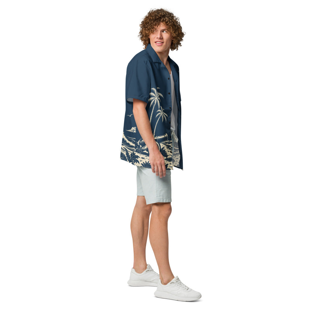 Cannon Coast Beach Button-Up — Navy / Cream — three-quarter model view with plain navy sleeve; shirt only; Printful all-over-print unisex button-up shirt Navy and cream all-over print; supplier digital mockup.