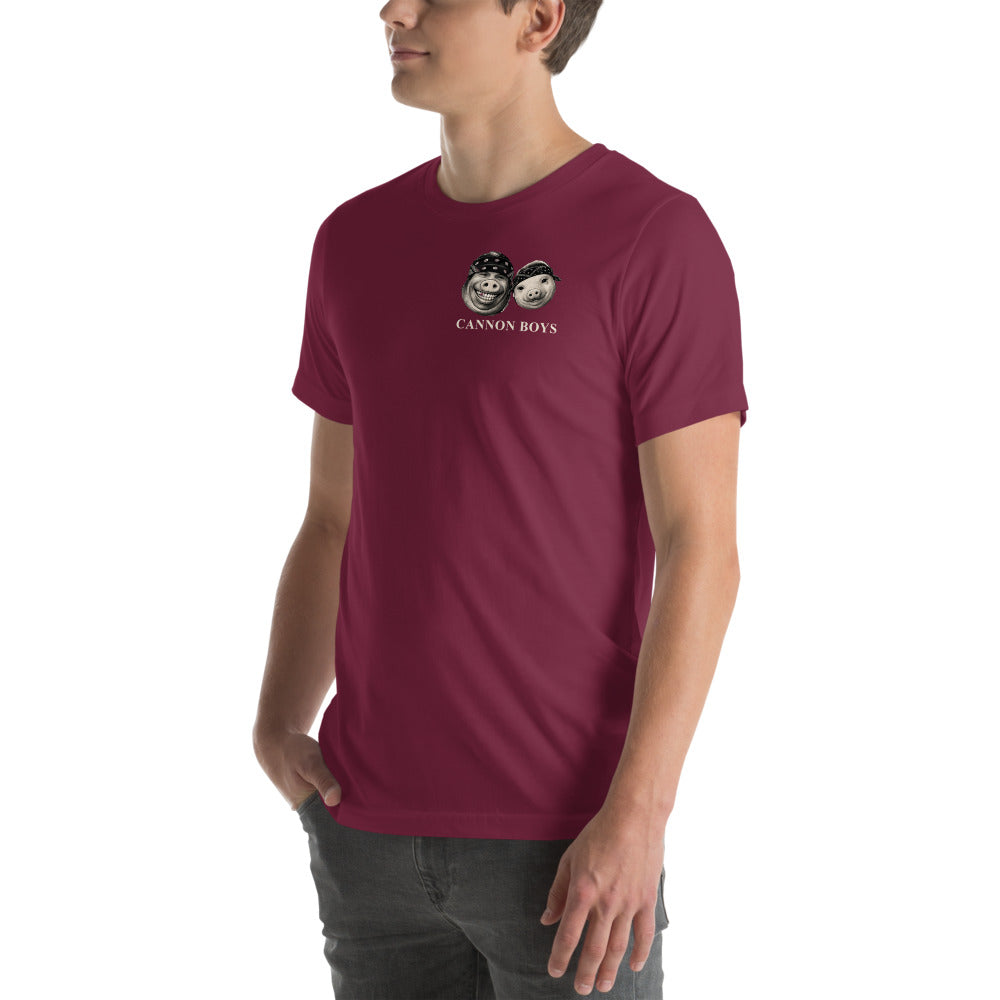 Cannon Boys tee — Maroon — three-quarter model view; tee only; Bella + Canvas 3001 Maroon; supplier digital mockup.