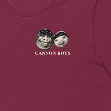 Cannon Boys tee — Maroon — left-chest heads and lettering detail cropped from supplier digital mockup; Bella + Canvas 3001 Maroon; supplier digital mockup.