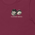 Cannon Boys tee — Maroon — left-chest heads and lettering detail cropped from supplier digital mockup; Bella + Canvas 3001 Maroon; supplier digital mockup.