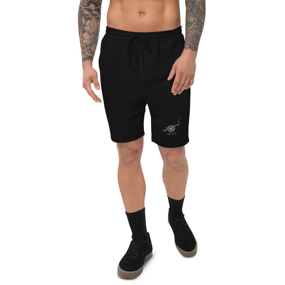 Carriage fleece shorts — Black — adult male front model view; exact supplier-reference artwork locally composited; digital mockup; shorts only.