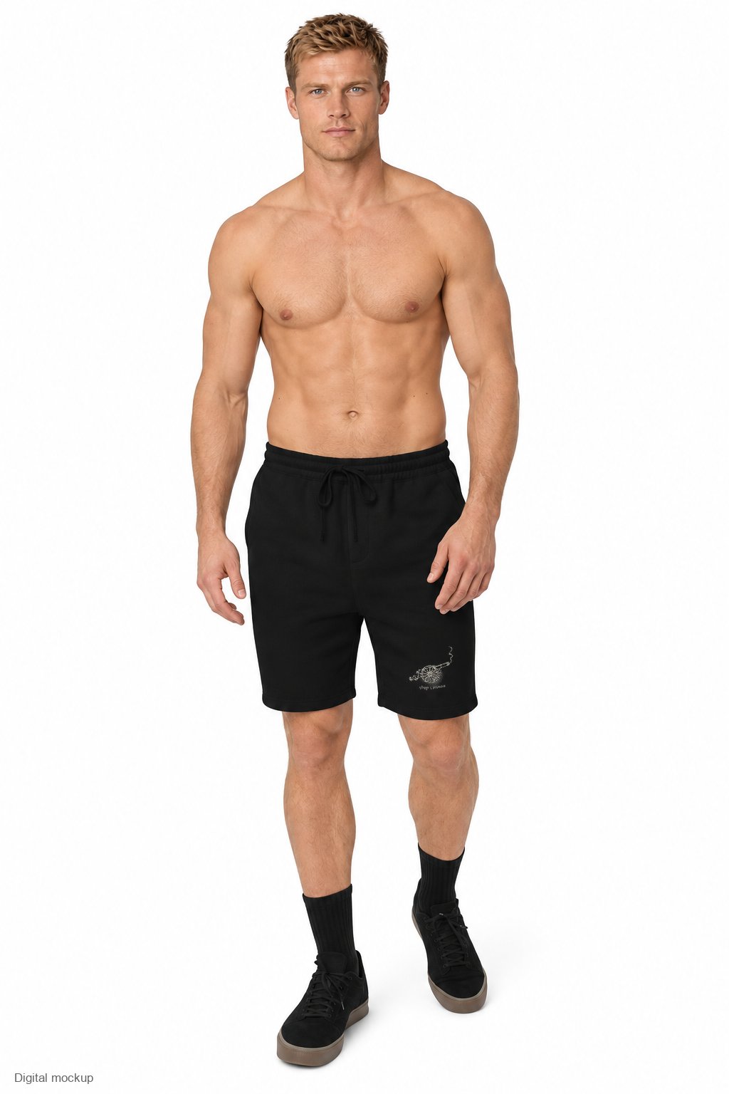 Carriage fleece shorts — Black — adult male front model view; exact supplier-reference artwork locally composited; digital mockup; shorts only.