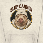 Slop Cannon Sleepy Pig Oval Hoodie — Oatmeal — complete sleepy pig oval and lettering detail cropped from supplier digital mockup; Cotton Heritage M2580 pullover hoodie Oatmeal Heather; supplier digital mockup.