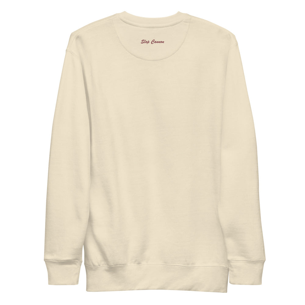 Slop Cannon Original Collegiate Crewneck — Oatmeal — full back with small burgundy outside-neckline script; Cotton Heritage M2480 crewneck Bone; supplier digital mockup.