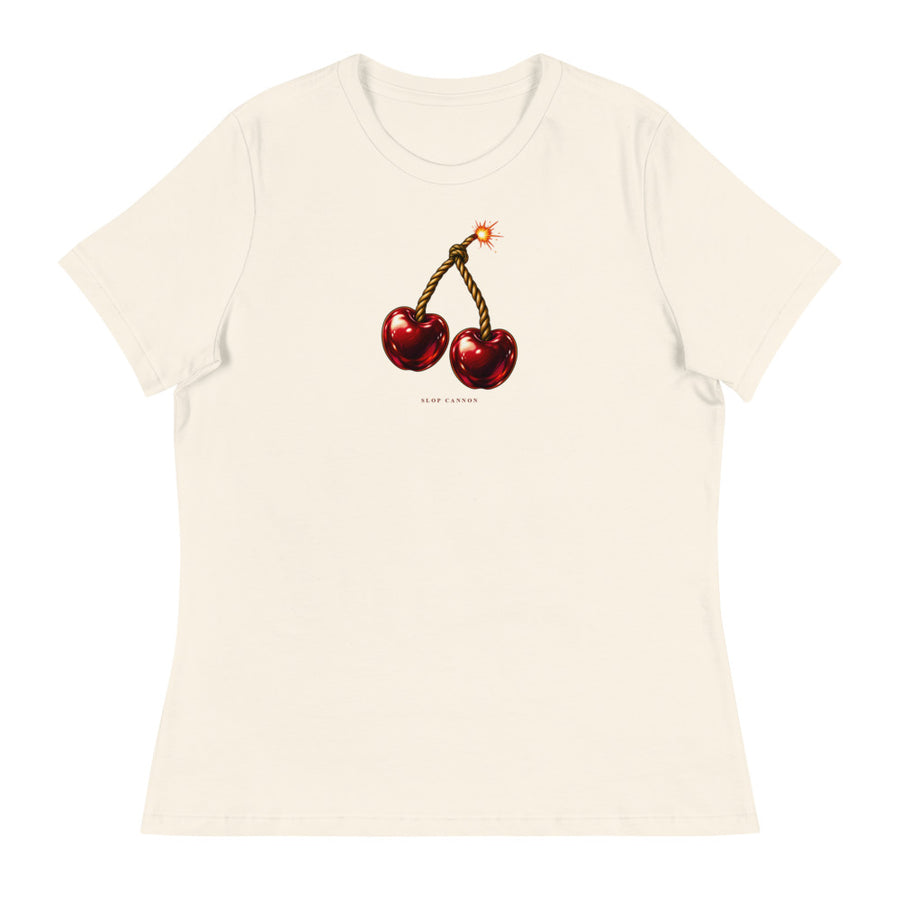 Cherry Fuse women's tee — Natural — full front with approved artwork; Women's Relaxed T-Shirt | Bella + Canvas 6400 Natural; supplier digital mockup.