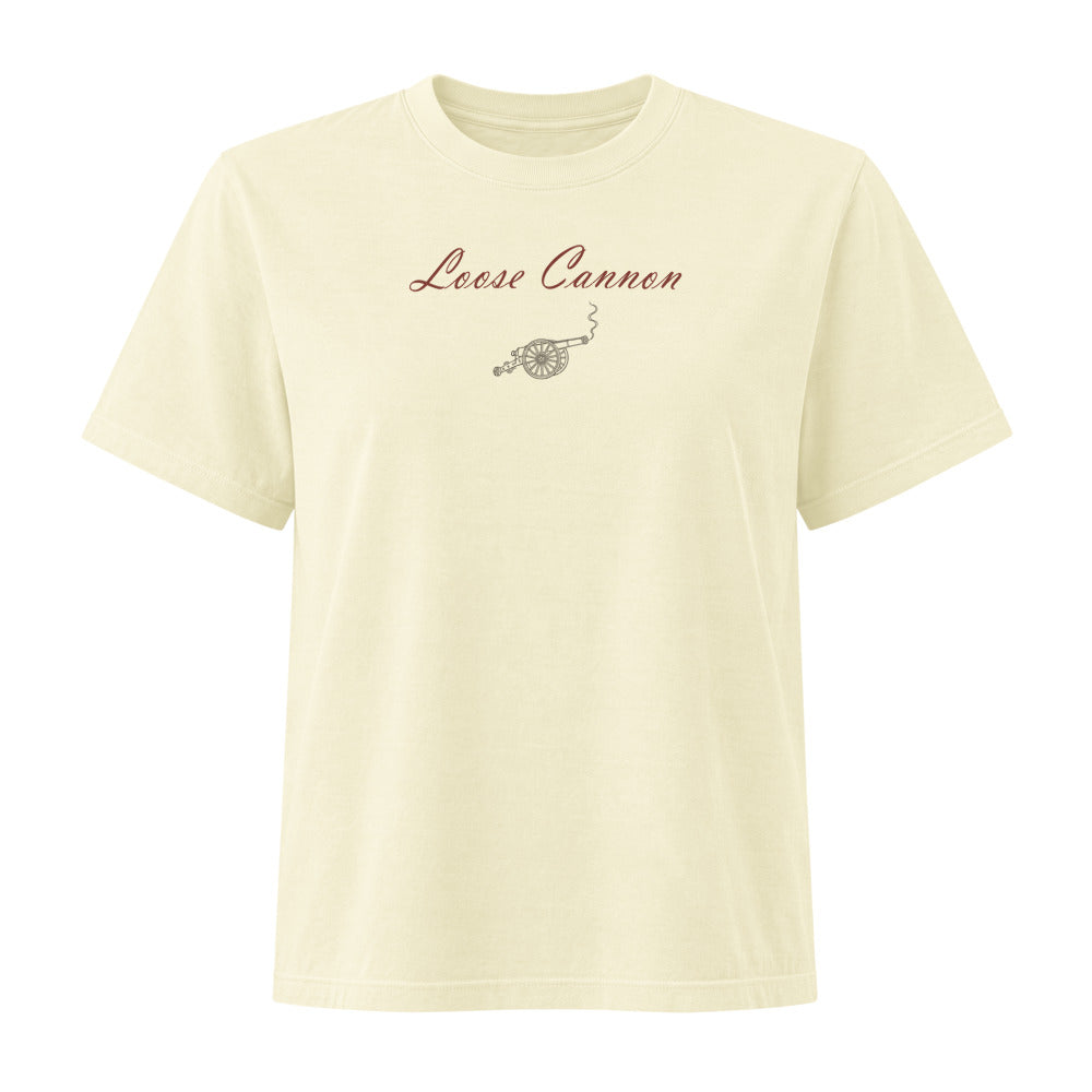 Loose Cannon women's tee — Buttermilk — full front with small burgundy script and cannon print; Women's Heavyweight Garment Dye Tee | Bella + Canvas 6110GD Buttermilk; supplier digital mockup.