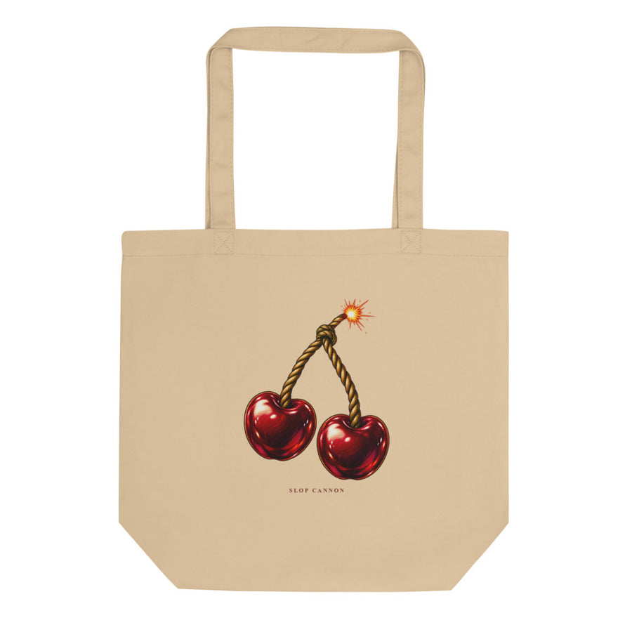 Cherry Fuse tote — Oyster — full front with approved artwork; Eco Tote Bag | Econscious EC8000 Oyster; supplier digital mockup.