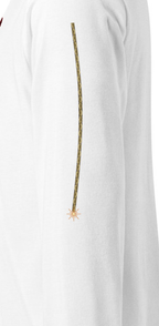 Cherry Fuse Sleeve long sleeve tee — White — wearer-left fuse sleeve artwork detail cropped from supplier digital mockup; Unisex Long Sleeve Tee | Bella + Canvas 3501 White; supplier digital mockup.