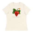 Sweet Trouble women's tee — Natural — full front with approved artwork; Women's Relaxed T-Shirt | Bella + Canvas 6400 Natural; supplier digital mockup.