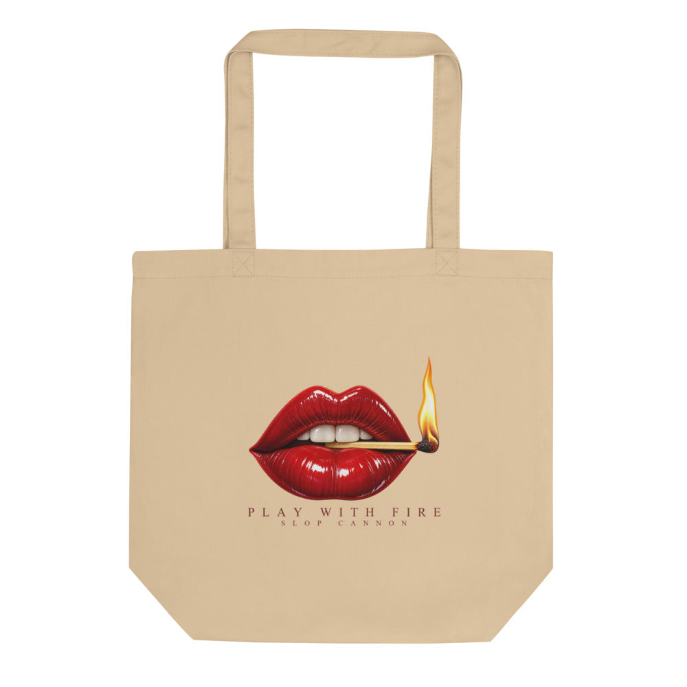Play With Fire tote — Oyster — full front with approved artwork; Eco Tote Bag | Econscious EC8000 Oyster; supplier digital mockup.