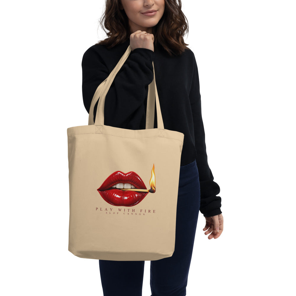 Play With Fire tote — Oyster — model carrying tote; tote only; Eco Tote Bag | Econscious EC8000 Oyster; supplier digital mockup.