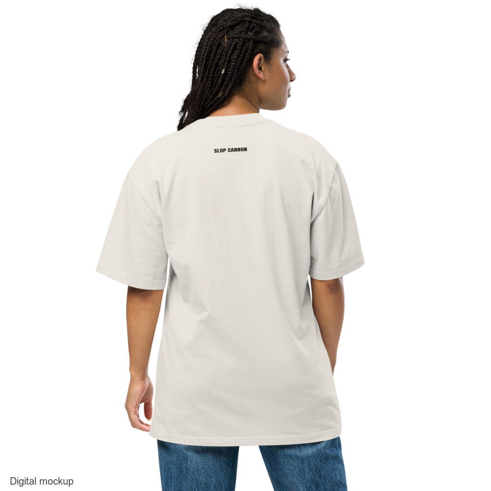 Heavy Block tee — Cream — adult model back view; exact AS Colour 5082 Faded Bone with configured outside-neckline print; supplier digital mockup; tee only, styling jeans and shoes excluded.
