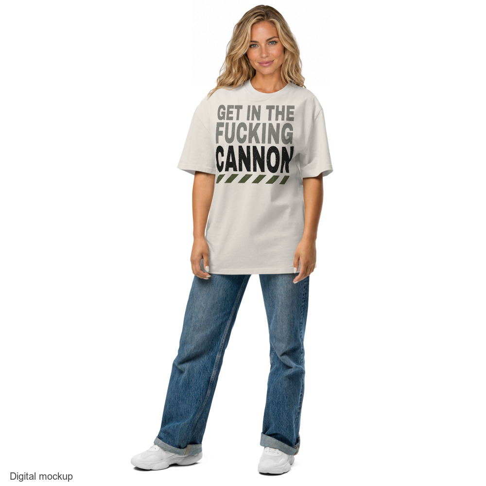 Heavy Block tee — Cream — adult model front view; configured AS Colour 5082 Faded Bone tee and maximum-size artwork; digital mockup, not a manufactured sample; tee only, styling jeans and shoes excluded.