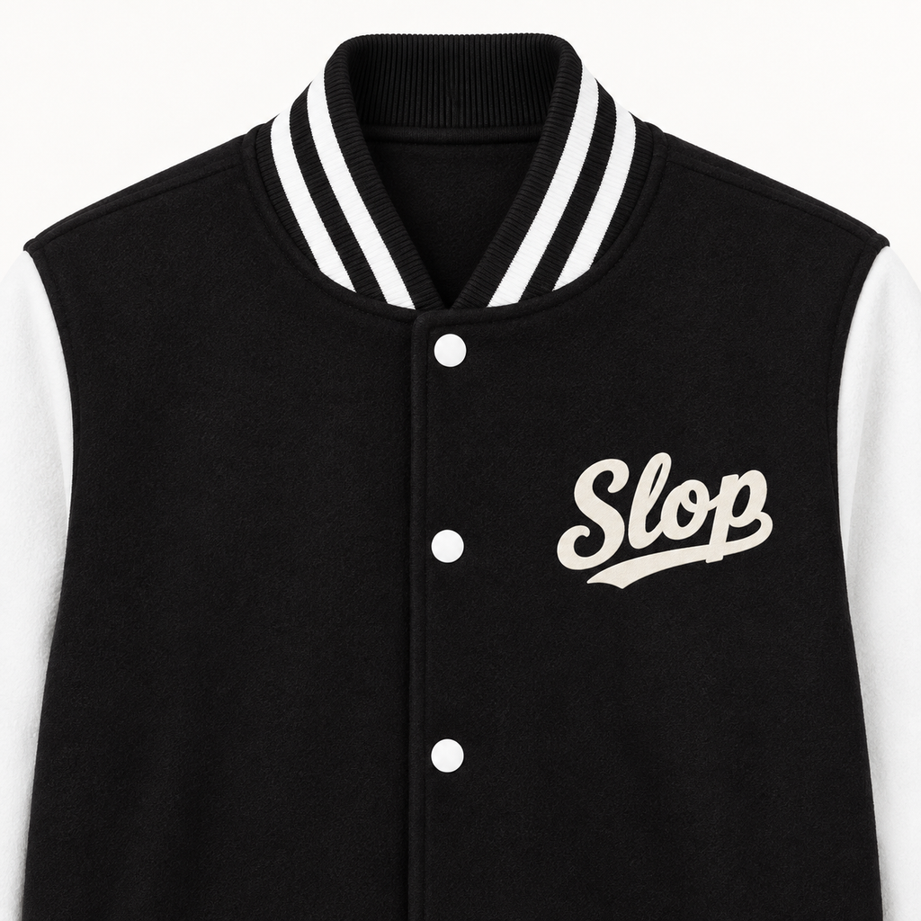 Close-up of the ivory Slop script on the left chest of the Varsity Jacket