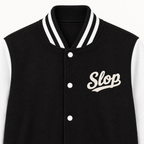 Close-up of the ivory Slop script on the left chest of the Varsity Jacket