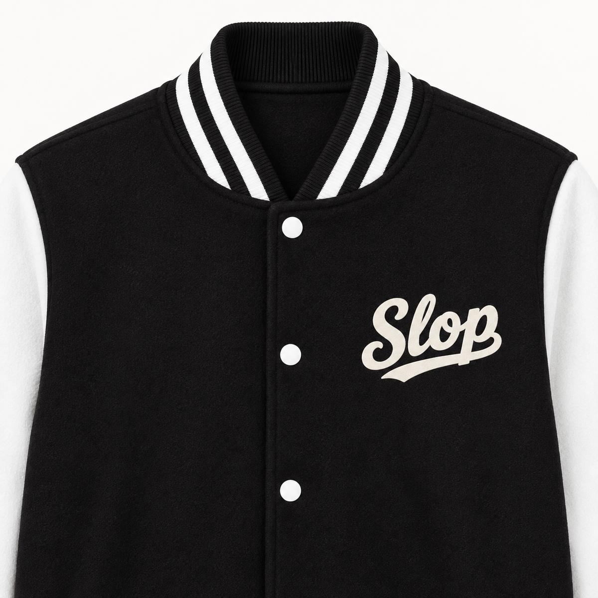 Close-up of the ivory Slop script on the left chest of the Varsity Jacket