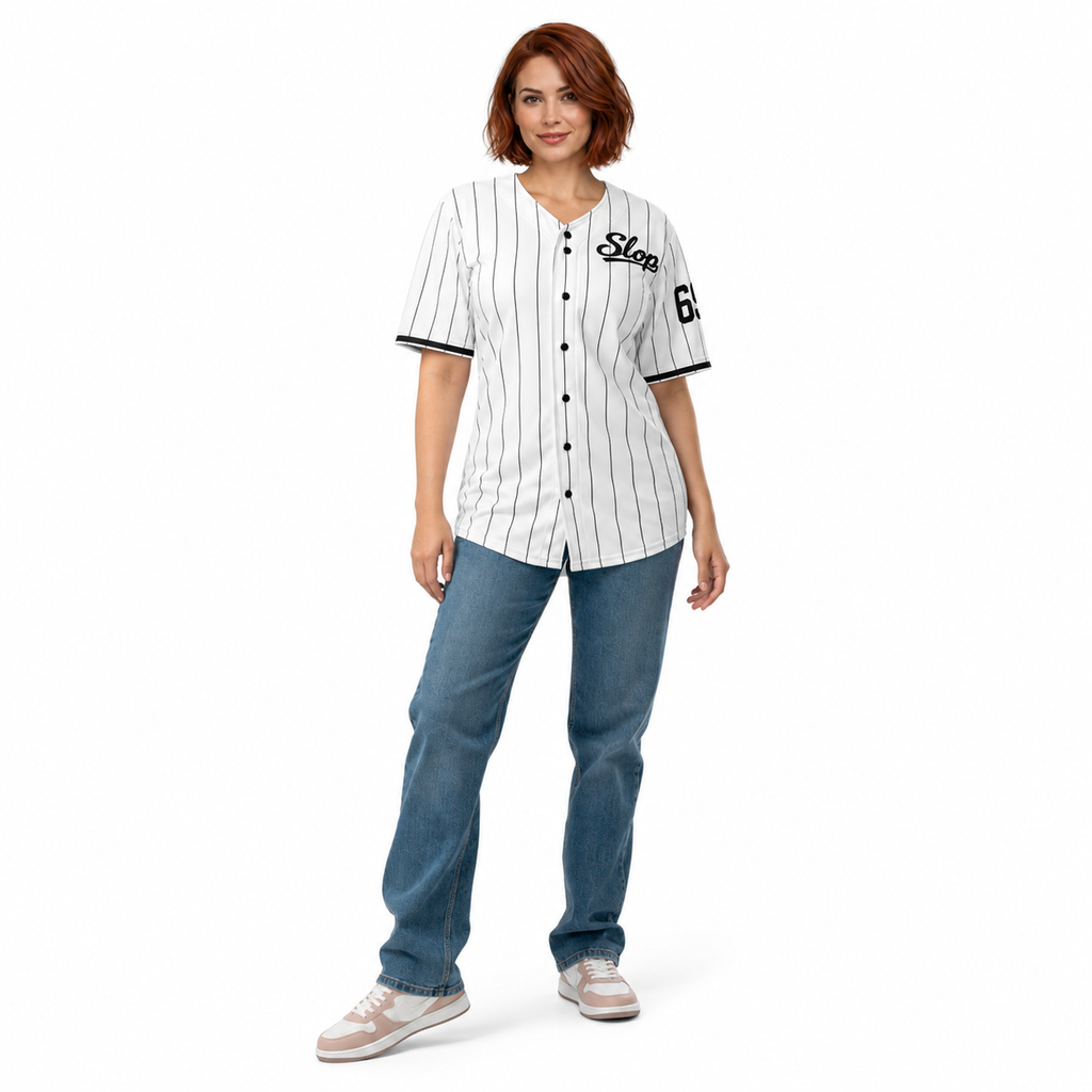 Slop 69 Pinstripe Baseball Jersey — White / Black — CW-F23 fictional adult roster model, front standing; supplier-matched digital mockup.