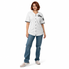 Slop 69 Pinstripe Baseball Jersey — White / Black — CW-F23 fictional adult roster model, front standing; supplier-matched digital mockup.