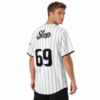 Slop 69 Pinstripe Baseball Jersey — White / Black — CW-M24 fictional adult roster model, back print with over-shoulder view; supplier-matched digital mockup.
