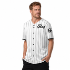 Slop 69 Pinstripe Baseball Jersey — White / Black — CW-M23 fictional adult roster model, three-quarter hands-in-pockets; supplier-matched digital mockup.