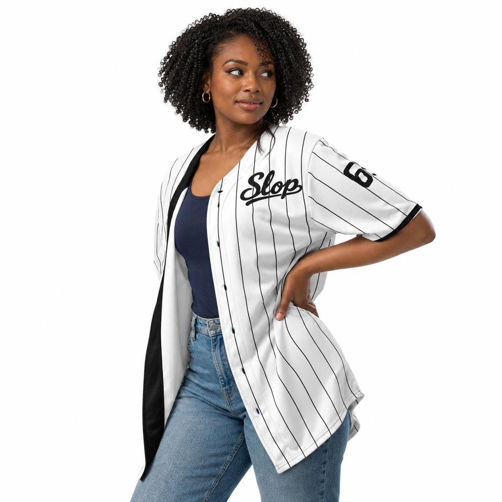 Slop 69 Pinstripe Baseball Jersey — White / Black — AA-F03 fictional adult roster model, open jersey over navy tank; supplier-matched digital mockup.