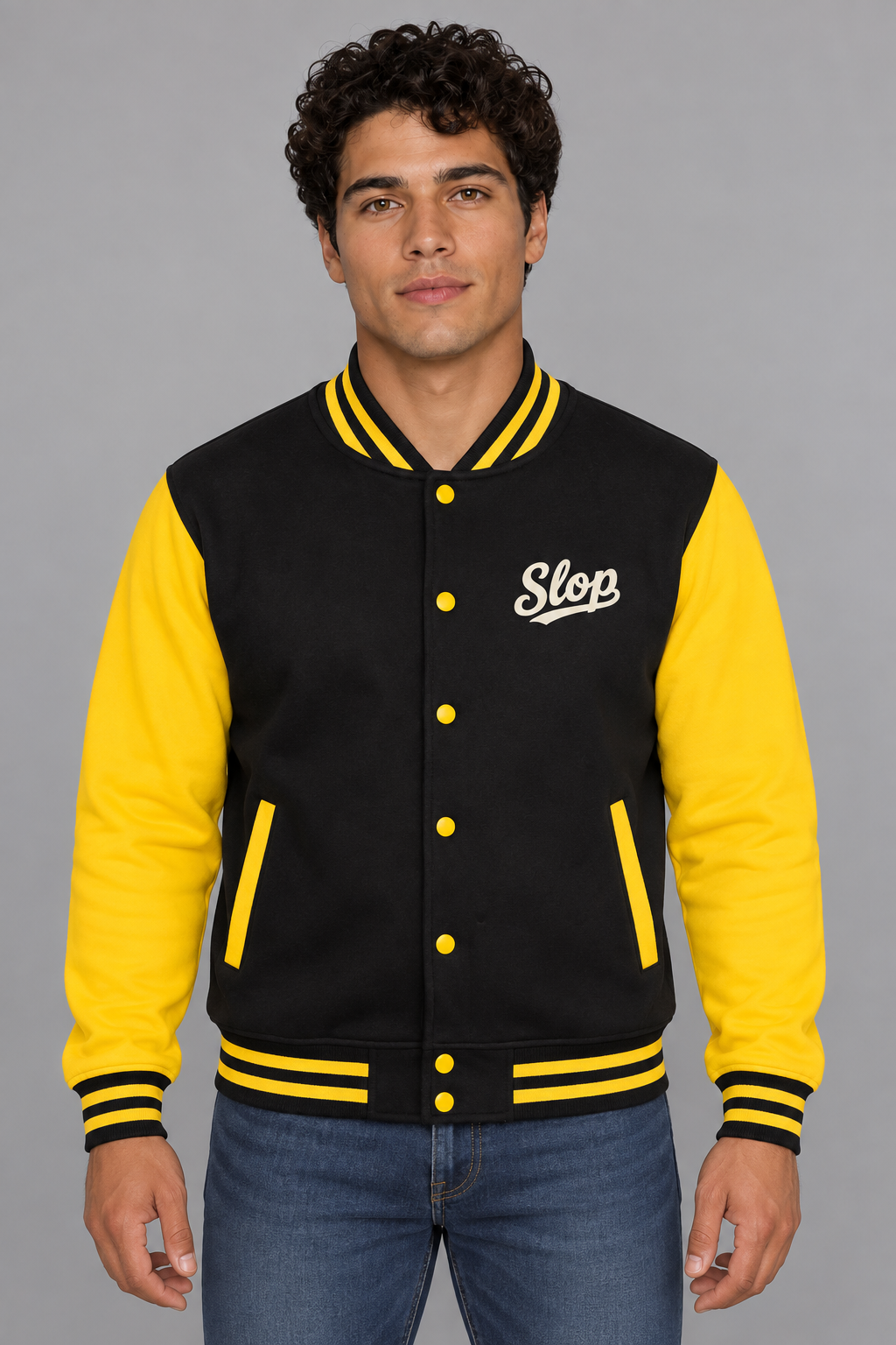 Man wearing the Ivory Script Varsity Jacket in Jet Black/Sun Yellow