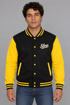 Man wearing the Ivory Script Varsity Jacket in Jet Black/Sun Yellow