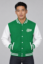 Man wearing the Ivory Script Varsity Jacket in Kelly Green/Arctic White