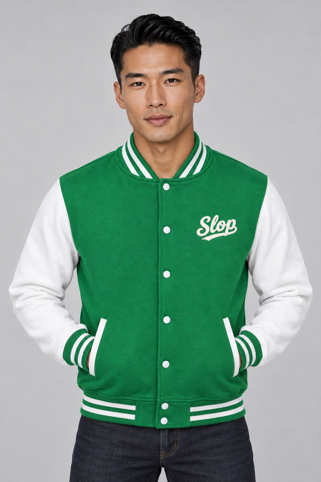 Man wearing the Ivory Script Varsity Jacket in Kelly Green/Arctic White