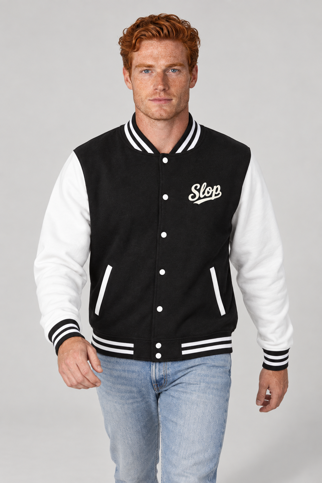 Man wearing the Ivory Script Varsity Jacket in Jet Black/Arctic White, three-quarter view