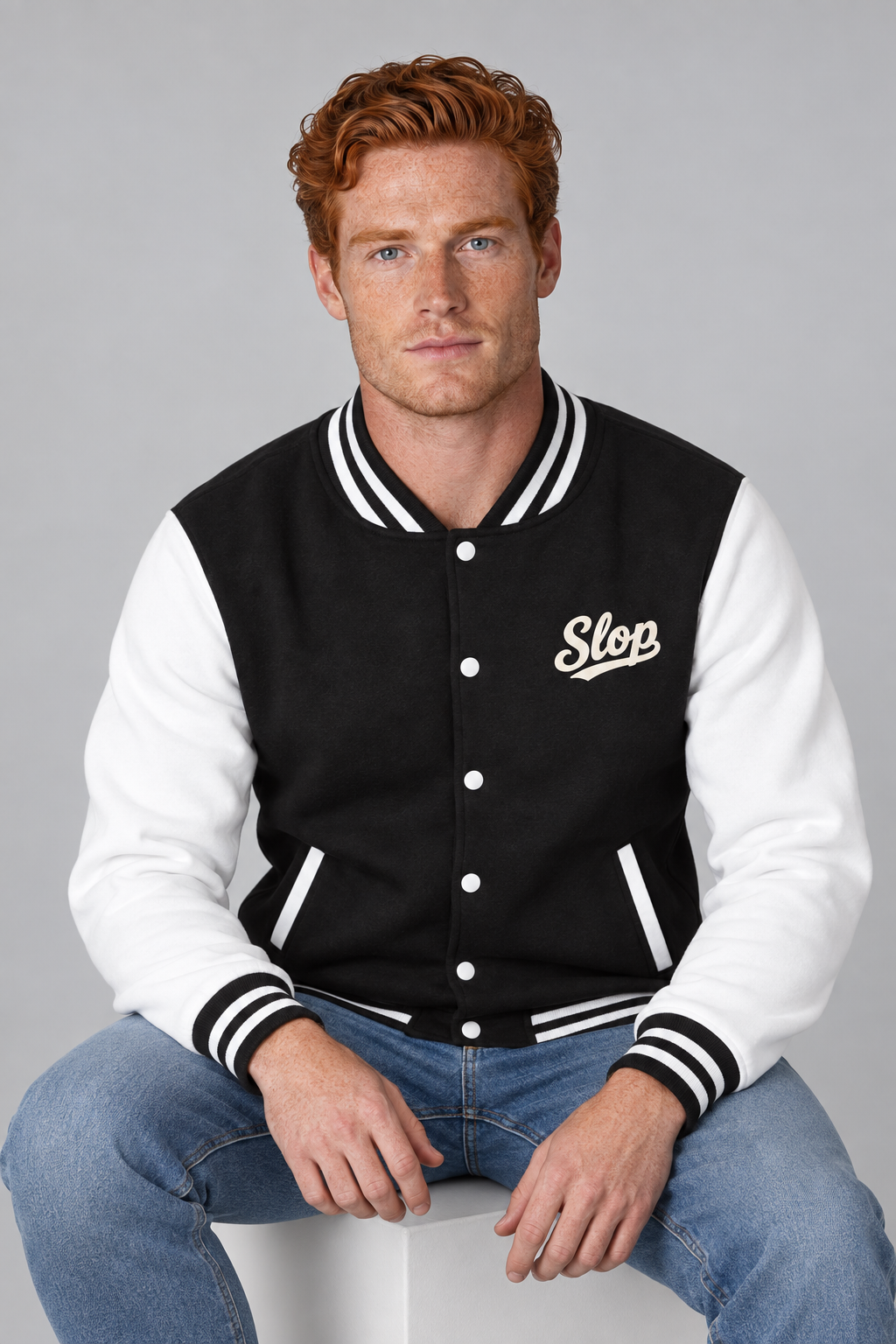 Man wearing the Ivory Script Varsity Jacket in Jet Black/Arctic White, seated